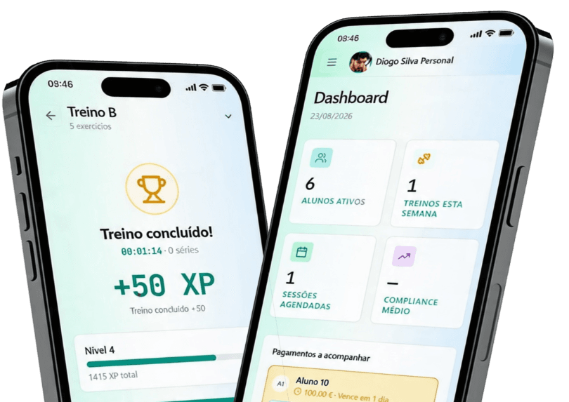 FitMera no telemóvel: treino concluído do aluno e dashboard do personal trainer