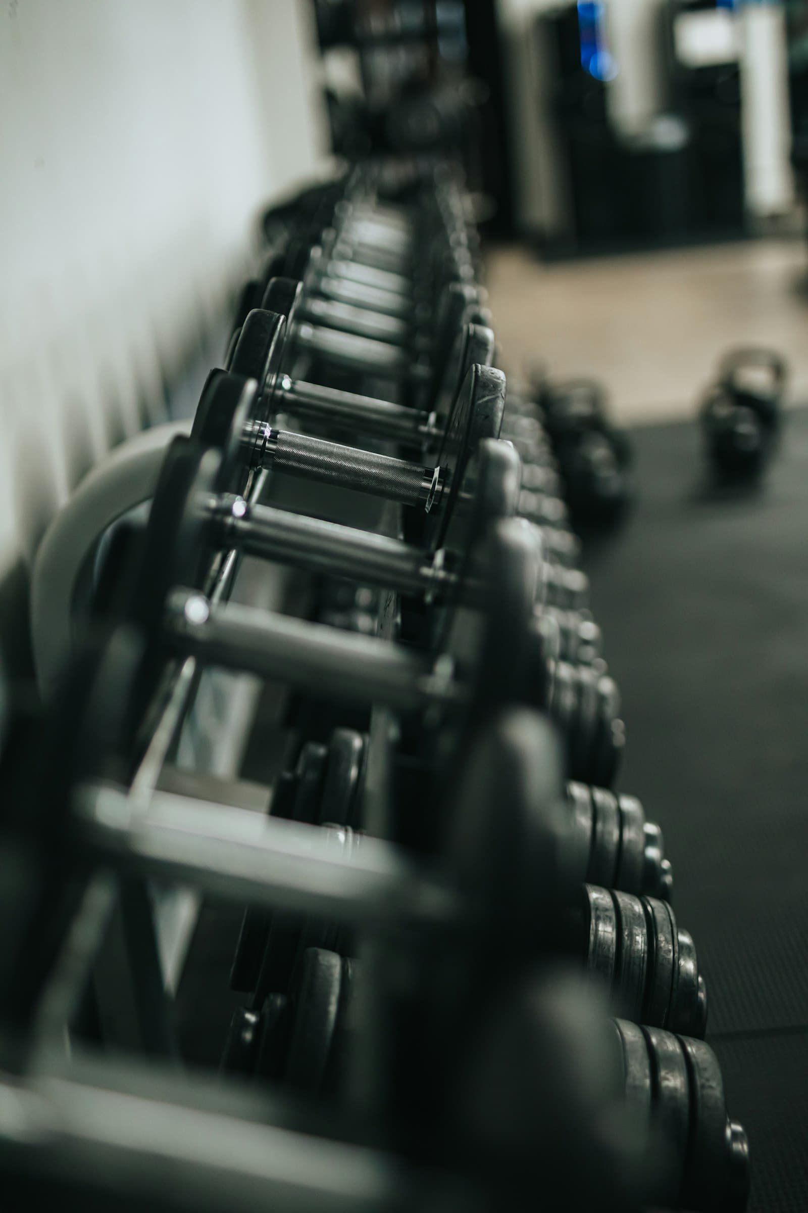 Rack de halteres organizados numa sala de musculação