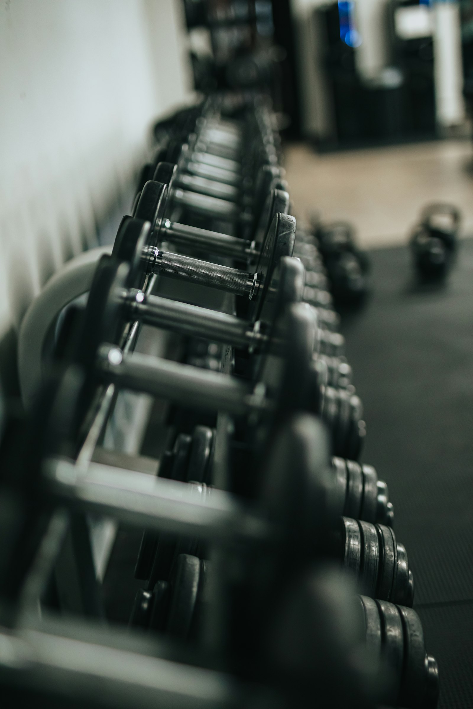 Rack de halteres organizados numa sala de musculação